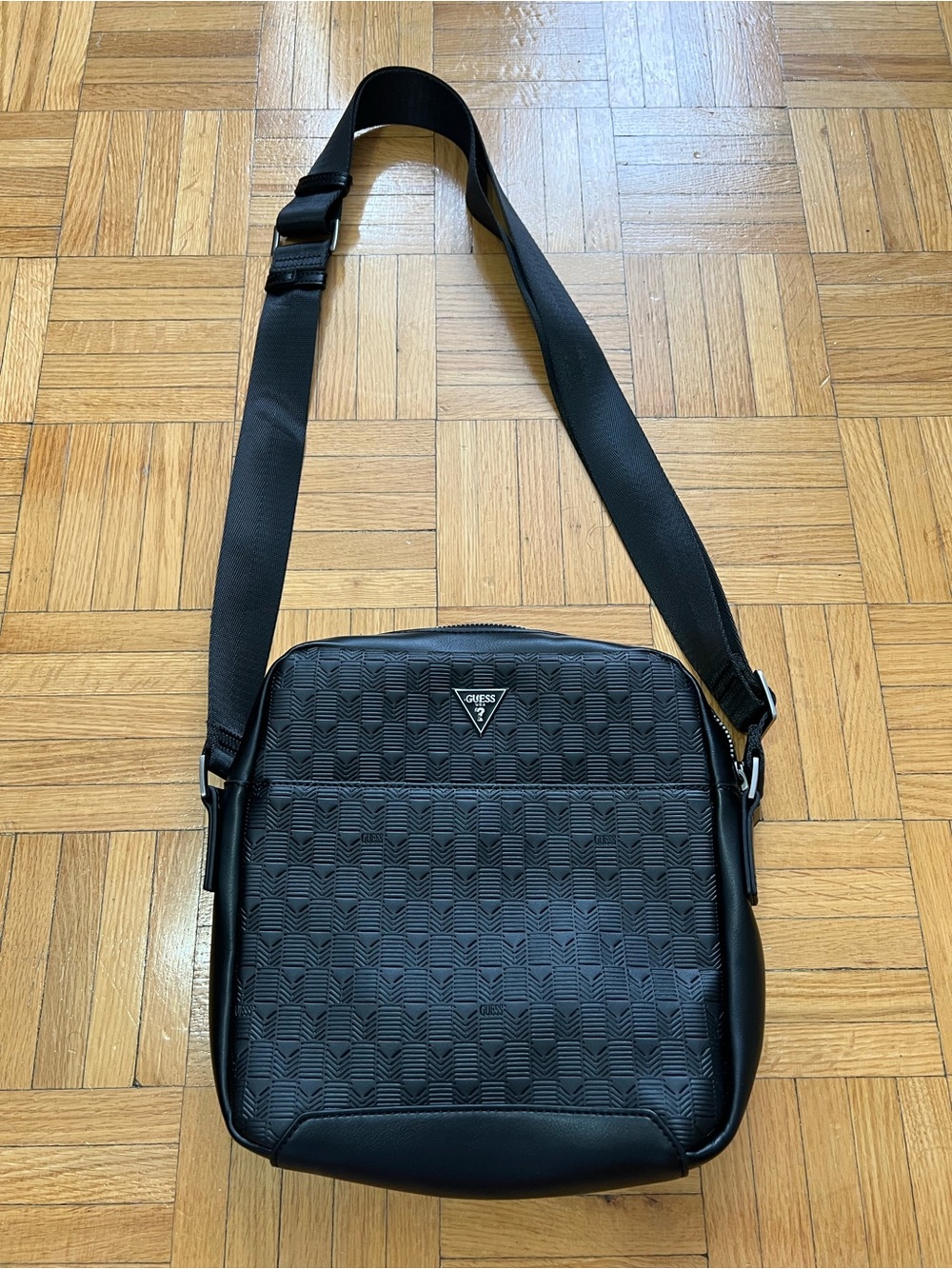 Guess Men's Black Crossbody Bag - Textured Pattern